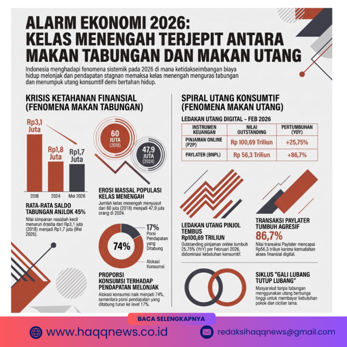 Grafis informatif berjudul 'Alarm Ekonomi 2026' yang memvisualisasikan krisis keuangan kelas menengah Indonesia yang terjepit antara fenomena makan tabungan dan lonjakan utang . Gambar menampilkan perbandingan data penurunan rata-rata saldo tabungan nasabah kecil (di bawah Rp100 juta) dari Rp3,1 juta pada tahun 2018 menjadi hanya Rp1,7 juta per Mei 2026 . Di sisi lain, grafis memperlihatkan eskalasi 'makan utang' dengan outstanding pinjaman online yang menembus Rp100,69 triliun dan transaksi paylater sebesar Rp56,3 triliun per Februari 2026 . Ilustrasi utama menggambarkan penyusutan populasi kelas menengah dari 60 juta orang pada 2018 menjadi 47,9 juta orang pada 2024 akibat biaya hidup yang naik lebih cepat daripada pertumbuhan pendapatan yang stagnan.