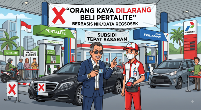 Ilustrasi kartun petugas SPBU Pertamina menolak pria kaya bermobil mewah membeli Pertalite. Sebuah spanduk besar menegaskan 