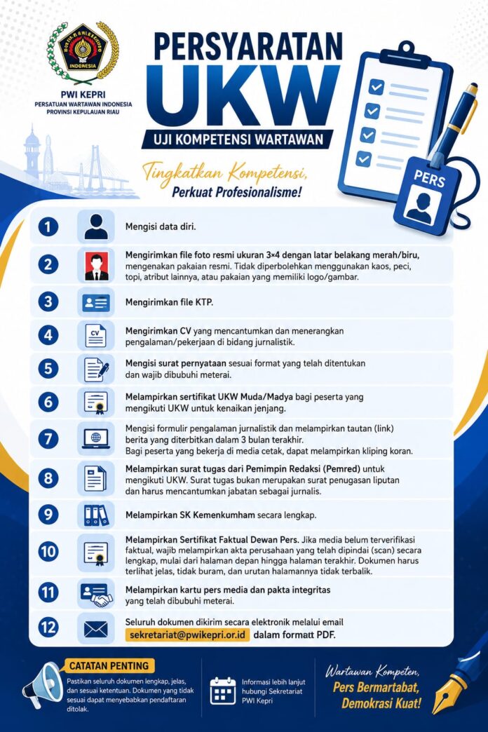 Infografis daftar syarat administrasi pendaftaran Uji Kompetensi Wartawan (UKW) Akbar PWI Kepri 2026 gratis. Memuat rincian dokumen wajib seperti KTP, Kartu Pers aktif, surat tugas, pakta integritas, bukti karya jurnalistik, dan legalitas media.